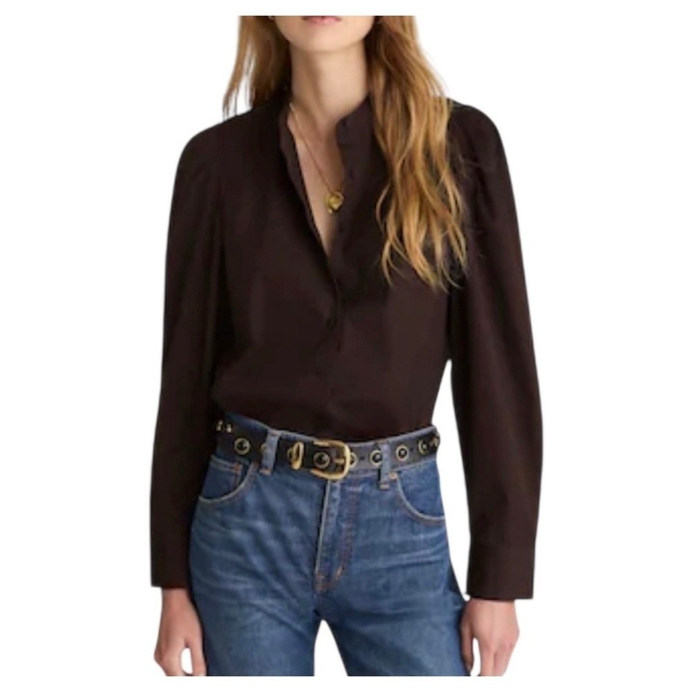 Madewell Brown Band Collar Long Sleeve Button Up Puff Sleeve Shirt XS New